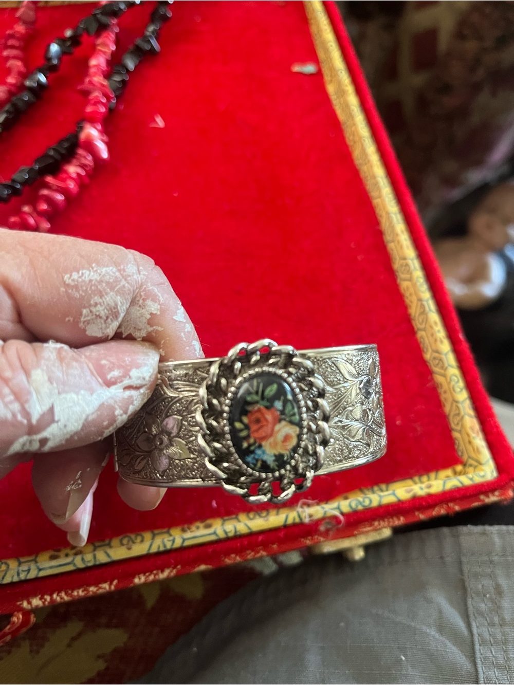 Vintage Floral Enamel Silver-Tone Cuff Bracelet - Red & Black